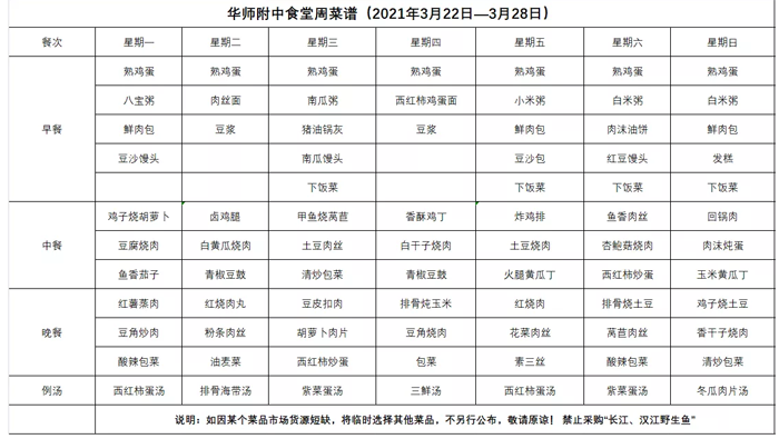 潛江德風(fēng)高級(jí)中學(xué)食堂周菜譜2021年3月22日-3月28日